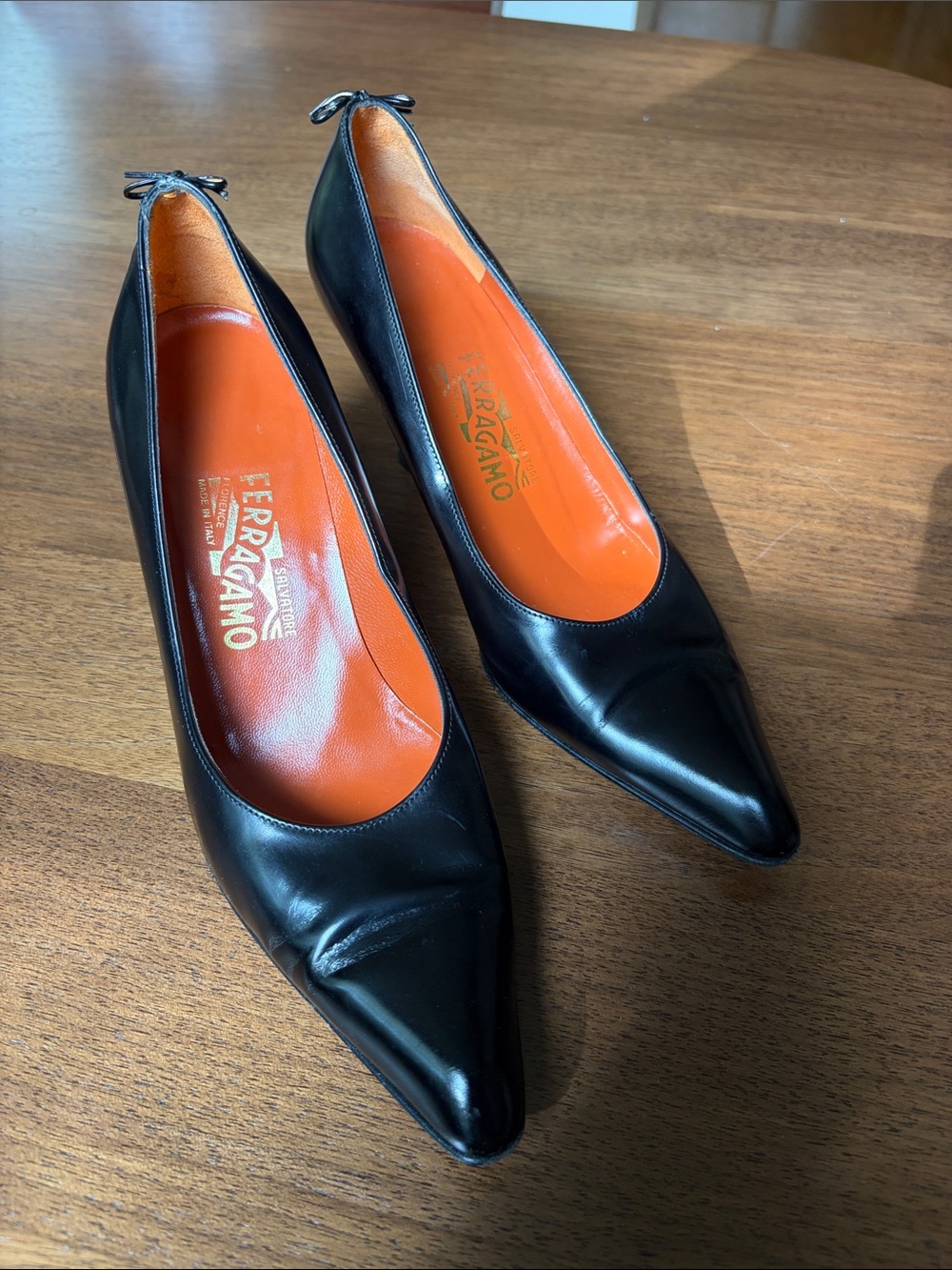 Salvatore Ferragamo Black Leather Pointed Toe Pumps with Orange Insole